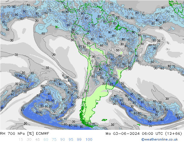 RH 700 hPa ECMWF pon. 03.06.2024 06 UTC