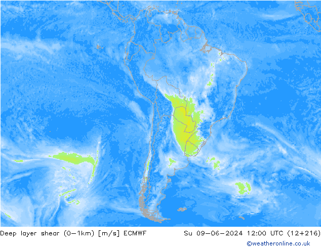 Deep layer shear (0-1km) ECMWF Paz 09.06.2024 12 UTC