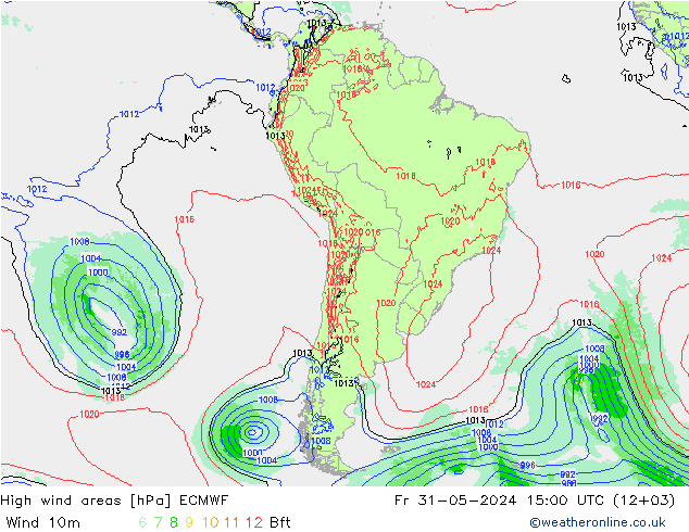 High wind areas ECMWF Pá 31.05.2024 15 UTC
