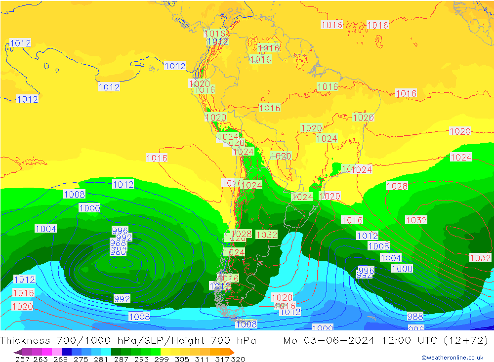 Espesor 700-1000 hPa ECMWF lun 03.06.2024 12 UTC