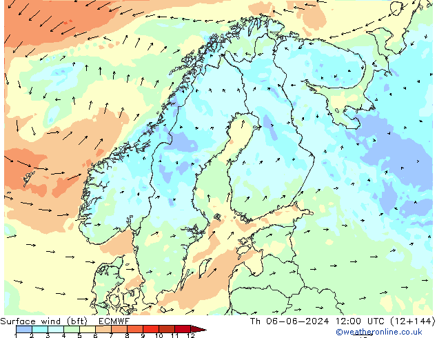 Surface wind (bft) ECMWF Th 06.06.2024 12 UTC