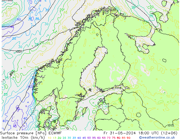 Isotachen (km/h) ECMWF Fr 31.05.2024 18 UTC