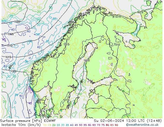 Isotachen (km/h) ECMWF So 02.06.2024 12 UTC