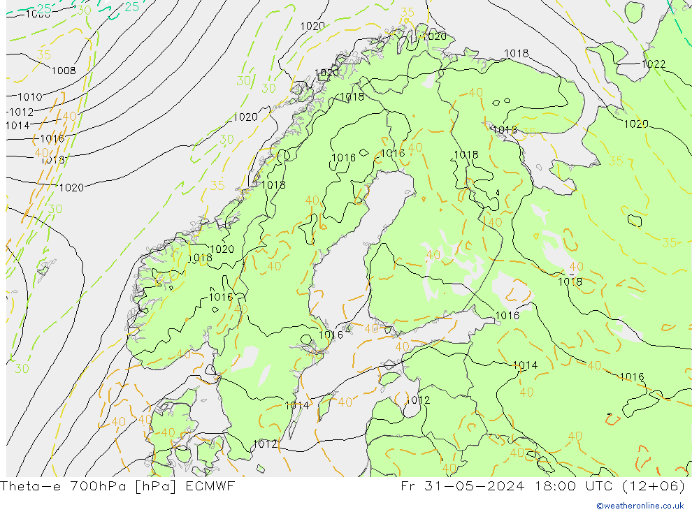 Theta-e 700hPa ECMWF 星期五 31.05.2024 18 UTC