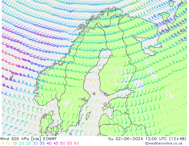 Wind 500 hPa ECMWF Su 02.06.2024 12 UTC