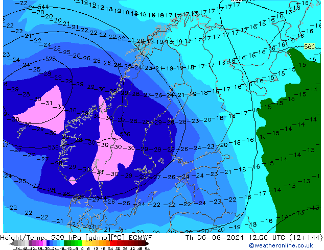 Z500/Rain (+SLP)/Z850 ECMWF Th 06.06.2024 12 UTC