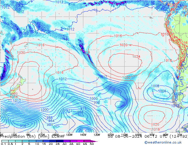 Totale neerslag (6h) ECMWF za 08.06.2024 12 UTC