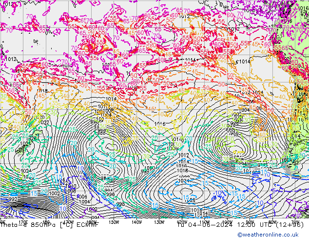 Theta-e 850hPa ECMWF Tu 04.06.2024 12 UTC