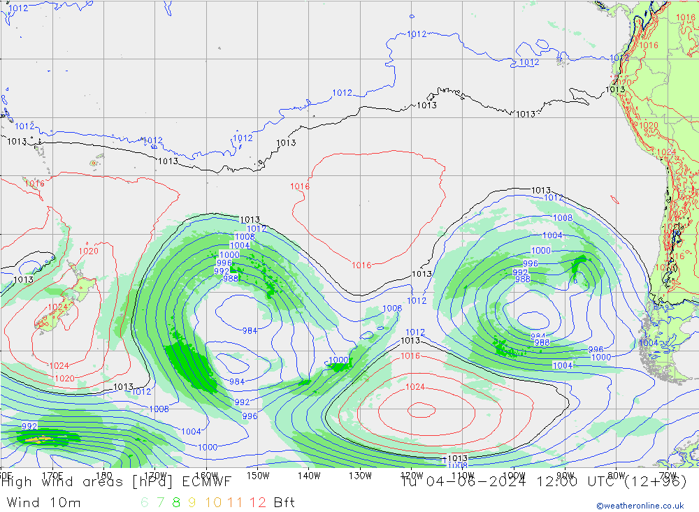 High wind areas ECMWF Út 04.06.2024 12 UTC