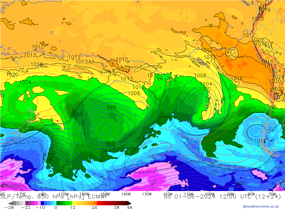 SLP/Temp. 850 hPa ECMWF Sa 01.06.2024 12 UTC