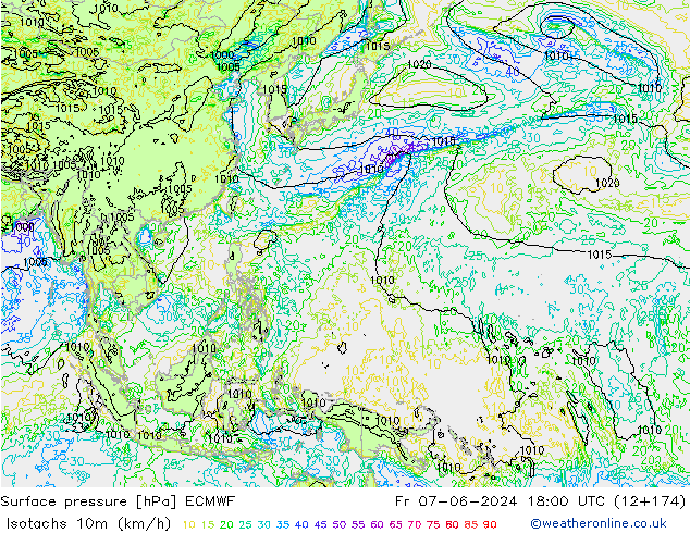 Isotachs (kph) ECMWF ven 07.06.2024 18 UTC