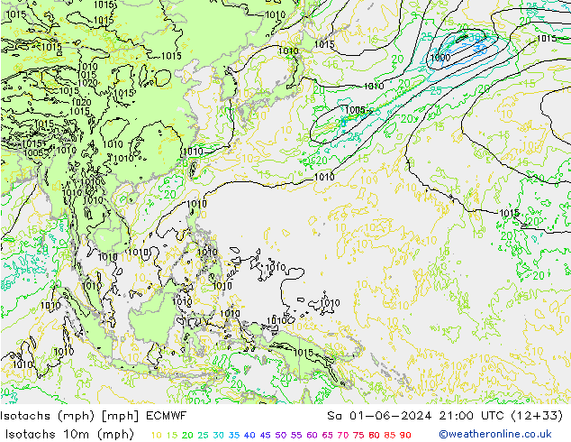 Isotachen (mph) ECMWF Sa 01.06.2024 21 UTC
