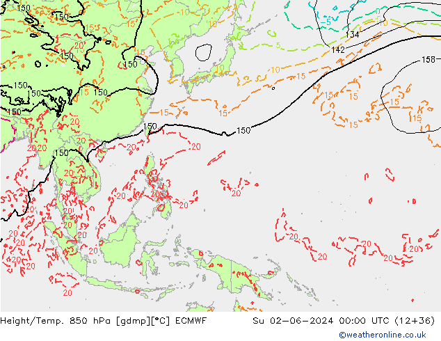 Height/Temp. 850 hPa ECMWF So 02.06.2024 00 UTC