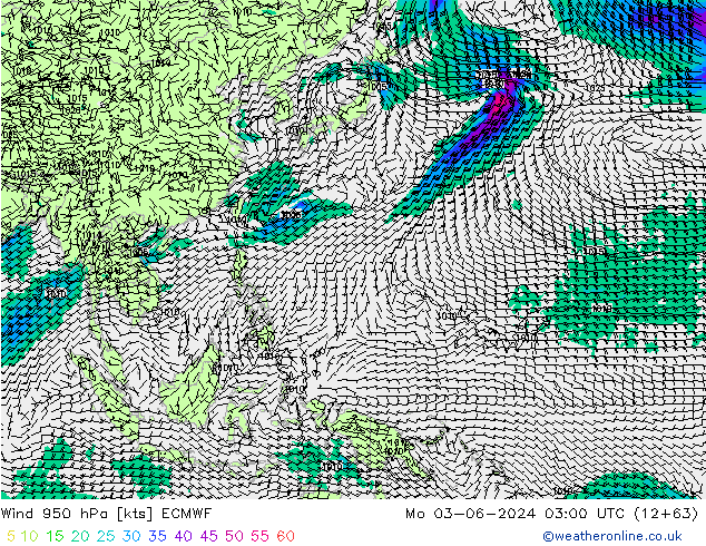 Vento 950 hPa ECMWF lun 03.06.2024 03 UTC