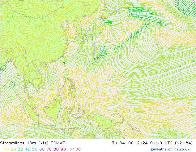 Streamlines 10m ECMWF Tu 04.06.2024 00 UTC