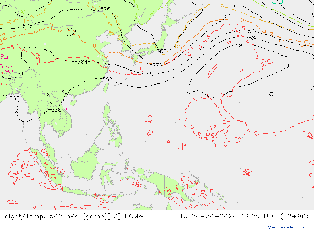 Height/Temp. 500 hPa ECMWF wto. 04.06.2024 12 UTC