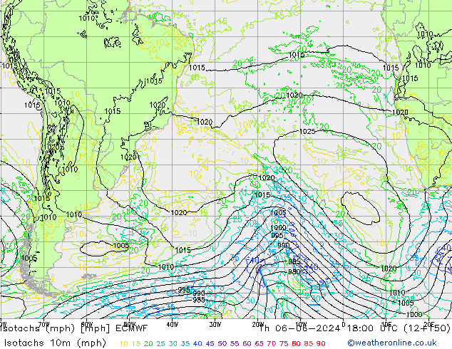 Isotaca (mph) ECMWF jue 06.06.2024 18 UTC