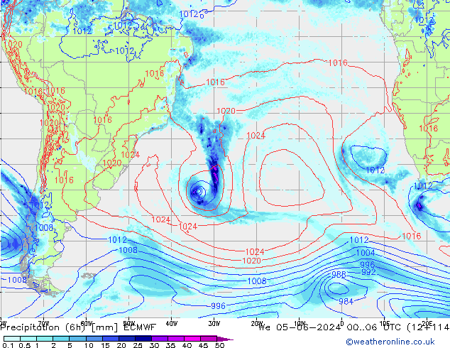 Precipitation (6h) ECMWF We 05.06.2024 06 UTC