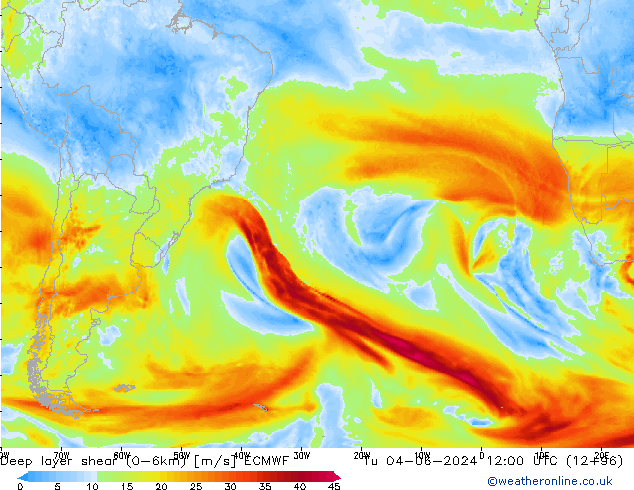 Deep layer shear (0-6km) ECMWF Sa 04.06.2024 12 UTC