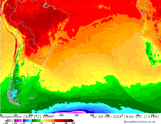Temperatuurkaart (2m) ECMWF zo 02.06.2024 18 UTC