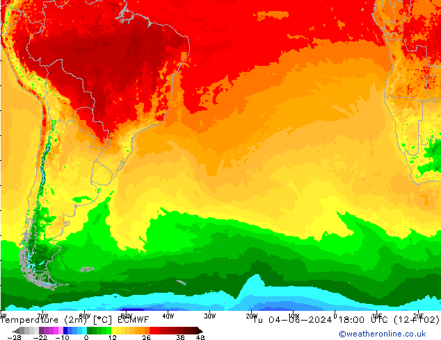 Temperature (2m) ECMWF Tu 04.06.2024 18 UTC