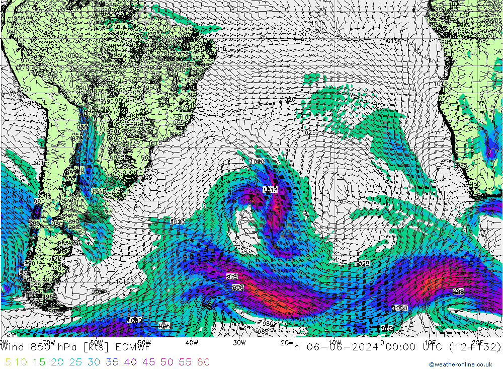 Vento 850 hPa ECMWF gio 06.06.2024 00 UTC