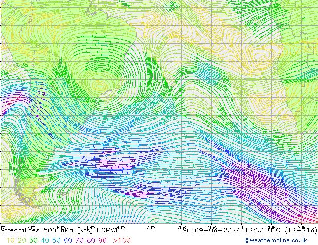 ветер 500 гПа ECMWF Вс 09.06.2024 12 UTC