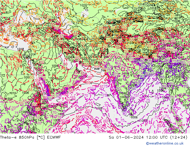 Theta-e 850hPa ECMWF Sa 01.06.2024 12 UTC