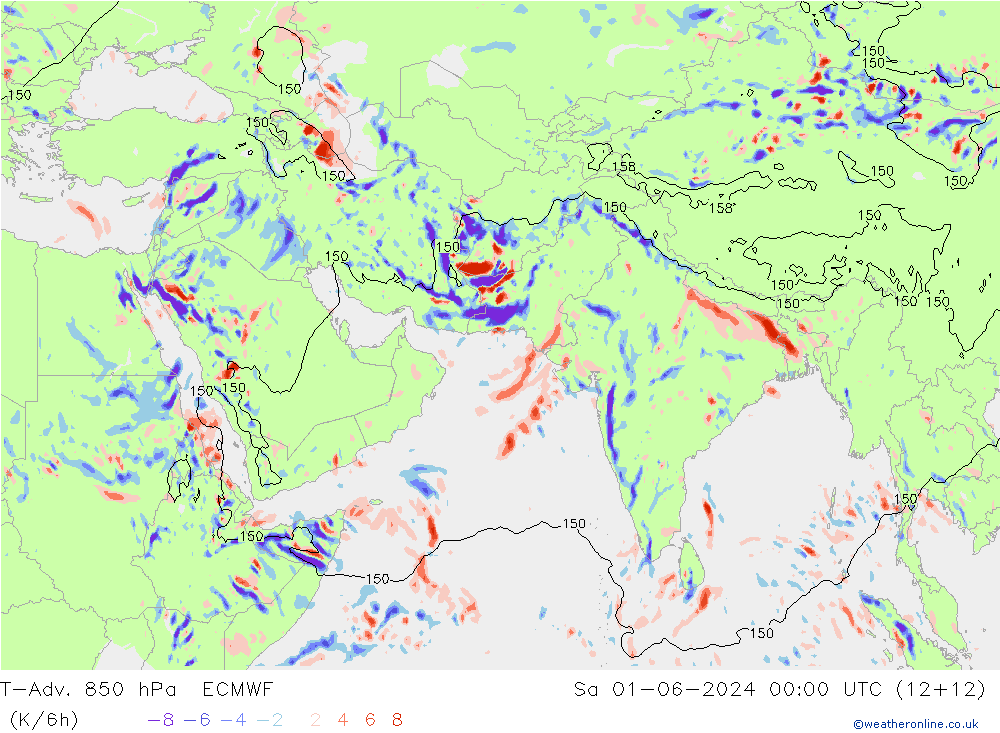 T-Adv. 850 hPa ECMWF 星期六 01.06.2024 00 UTC