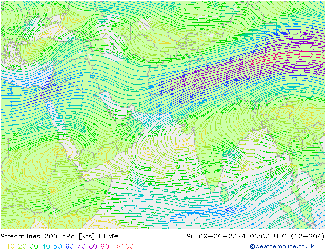 Streamlines 200 hPa ECMWF Su 09.06.2024 00 UTC