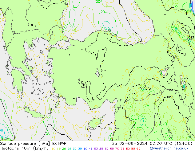 Isotachs (kph) ECMWF dim 02.06.2024 00 UTC