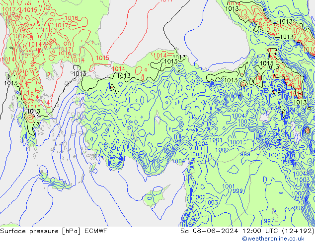 Presión superficial ECMWF sáb 08.06.2024 12 UTC