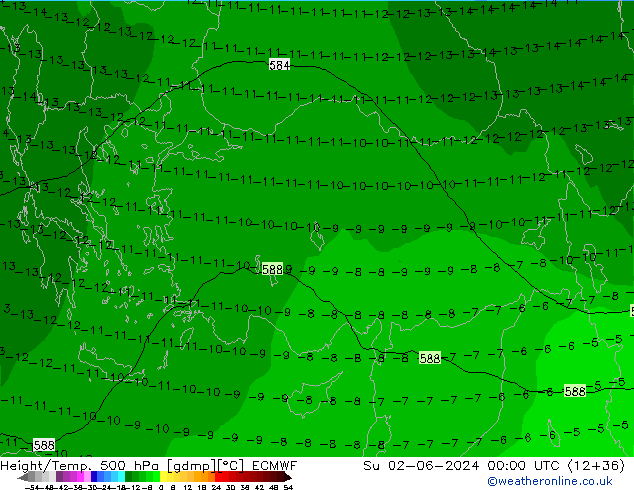 Z500/Yağmur (+YB)/Z850 ECMWF Paz 02.06.2024 00 UTC