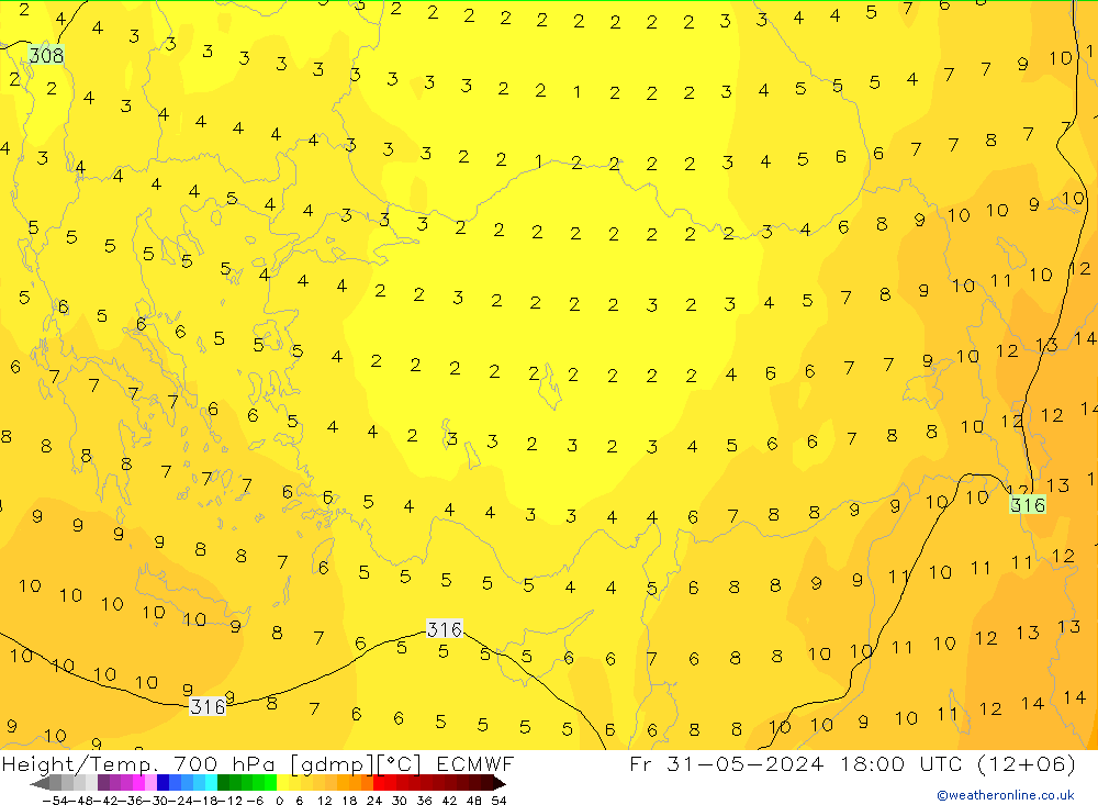 Hoogte/Temp. 700 hPa ECMWF vr 31.05.2024 18 UTC