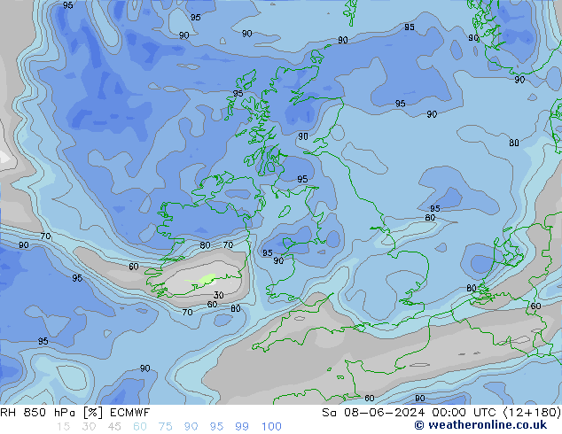 RH 850 hPa ECMWF so. 08.06.2024 00 UTC