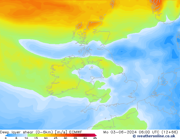 Deep layer shear (0-6km) ECMWF Mo 03.06.2024 06 UTC