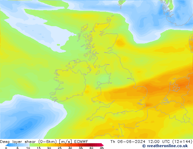 Deep layer shear (0-6km) ECMWF Th 06.06.2024 12 UTC