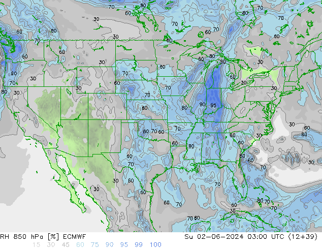 Humedad rel. 850hPa ECMWF dom 02.06.2024 03 UTC