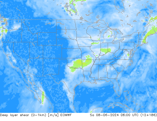 Deep layer shear (0-1km) ECMWF Sa 08.06.2024 06 UTC