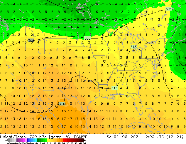 Height/Temp. 700 hPa ECMWF Sa 01.06.2024 12 UTC