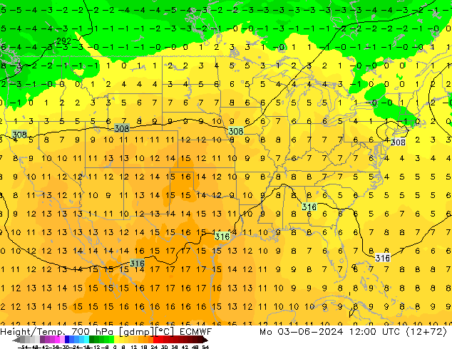 Height/Temp. 700 гПа ECMWF пн 03.06.2024 12 UTC