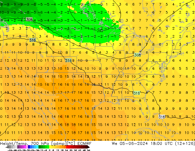 Height/Temp. 700 hPa ECMWF mer 05.06.2024 18 UTC