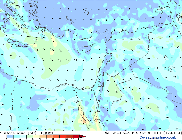 Vento 10 m (bft) ECMWF Qua 05.06.2024 06 UTC