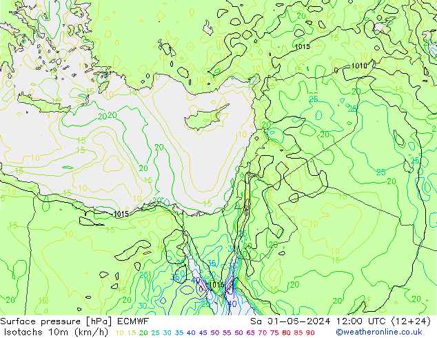 Isotachs (kph) ECMWF Sa 01.06.2024 12 UTC