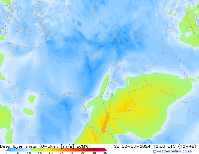 Deep layer shear (0-6km) ECMWF nie. 02.06.2024 12 UTC