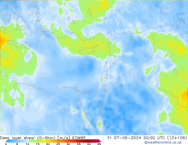 Deep layer shear (0-6km) ECMWF Sex 07.06.2024 00 UTC