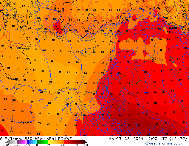 SLP/Temp. 850 hPa ECMWF Mo 03.06.2024 12 UTC