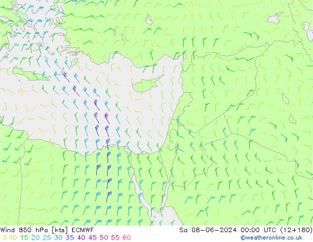 Wind 850 hPa ECMWF za 08.06.2024 00 UTC