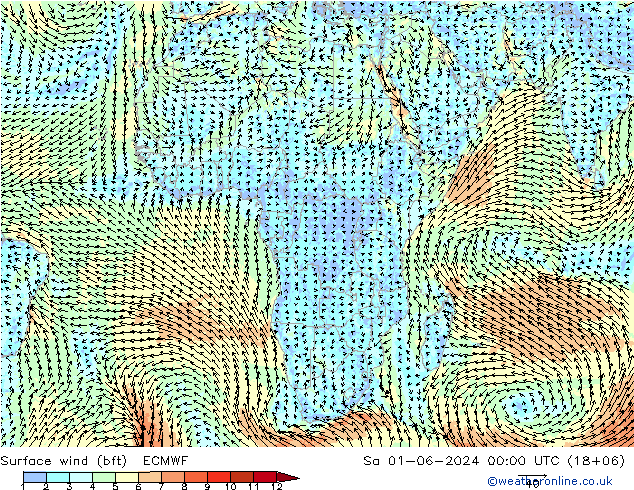 Vento 10 m (bft) ECMWF Sáb 01.06.2024 00 UTC