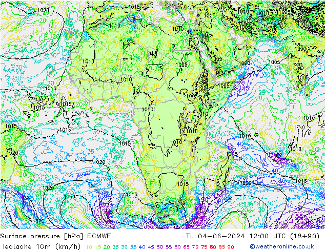 Isotachs (kph) ECMWF Tu 04.06.2024 12 UTC